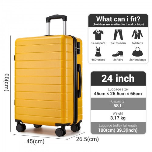 KSN2691 - 24 Inch Checked Luggage, Durable ABS Hard Shell Suitcase with 360 Silent Spinner Wheels & Secure Combination Lock - Yellow