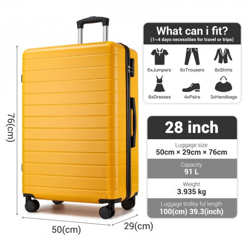 KSN2691 - 28 Inch Large Checked Luggage, Premium ABS Hard Shell Suitcase with 360 Silent Wheels & Secure Combination Lock - Yellow