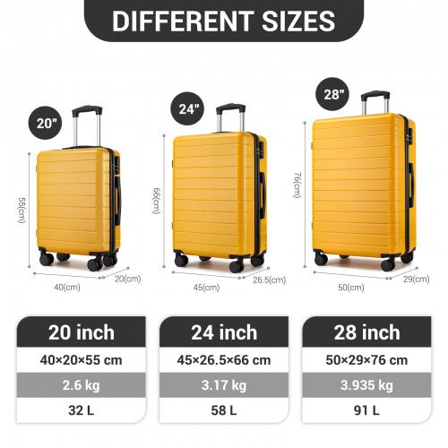KSN2691 - 3-Piece Hard Shell Luggage Set (20/24/28 Inch), Lightweight ABS Suitcases with Silent Wheels & Combination Locks - Yellow