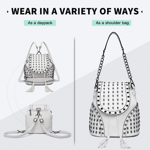 L1414 - Miss Lulu Skull Studded Backpack Shoulder Bag - Beige | Neil's Luggage Store