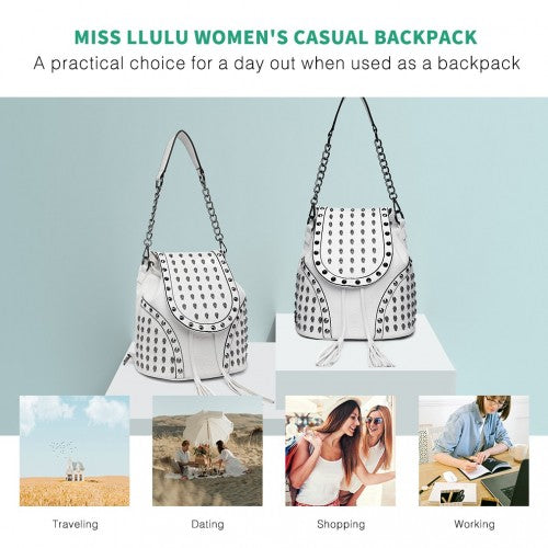 L1414 - Miss Lulu Skull Studded Backpack Shoulder Bag - Beige | Neil's Luggage Store