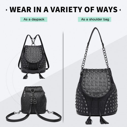 L1414 - Miss Lulu Skull Studded Backpack Shoulder Bag - Black | Neil's Luggage Store