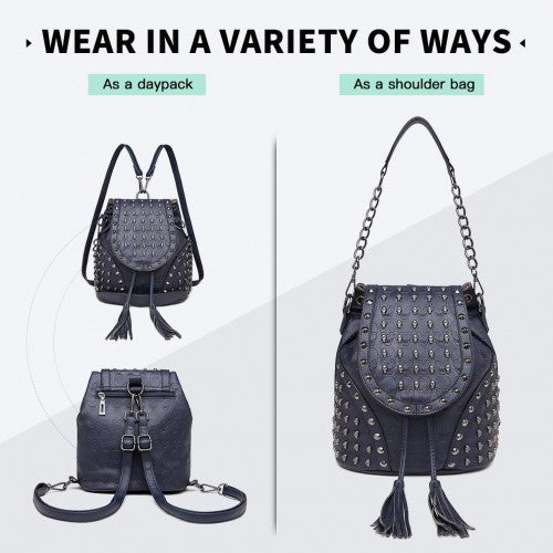 L1414 - Miss Lulu Skull Studded Backpack Shoulder Bag - Navy | Neil's Luggage Store