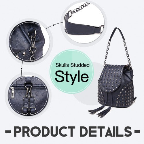 L1414 - Miss Lulu Skull Studded Backpack Shoulder Bag - Navy | Neil's Luggage Store