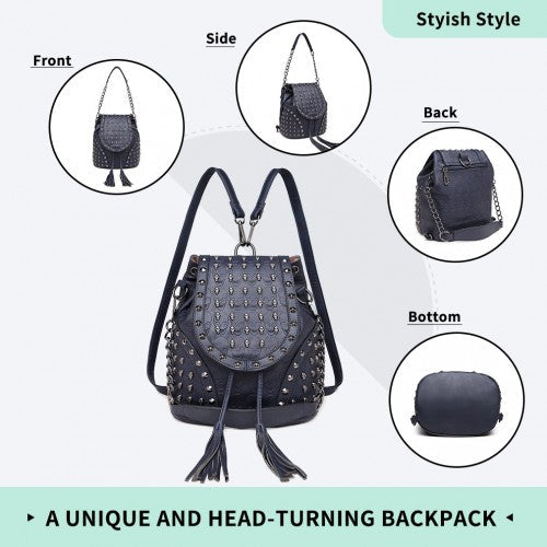 L1414 - Miss Lulu Skull Studded Backpack Shoulder Bag - Navy | Neil's Luggage Store