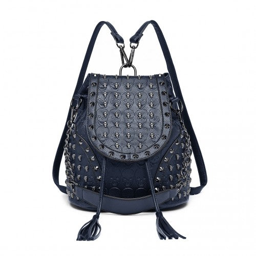 L1414 - Miss Lulu Skull Studded Backpack Shoulder Bag - Navy | Neil's Luggage Store