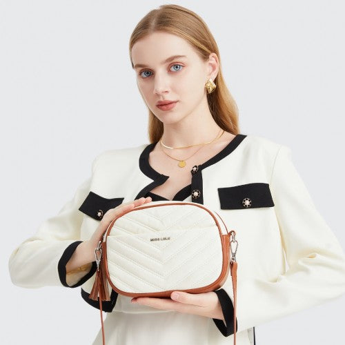 LA2119 - Miss LuLu Lightweight Quilted Leather Cross body Bag - Beige And Brown | Neil's Luggage Store
