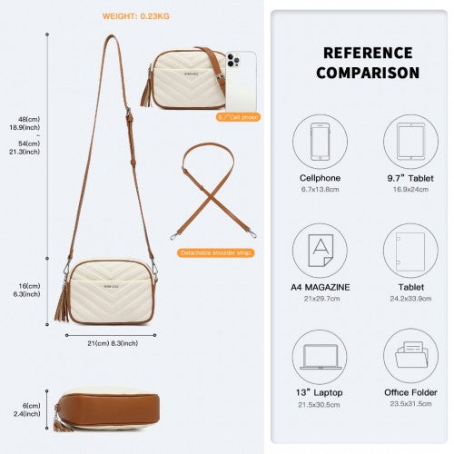 LA2119 - Miss LuLu Lightweight Quilted Leather Cross body Bag - Beige And Brown | Neil's Luggage Store