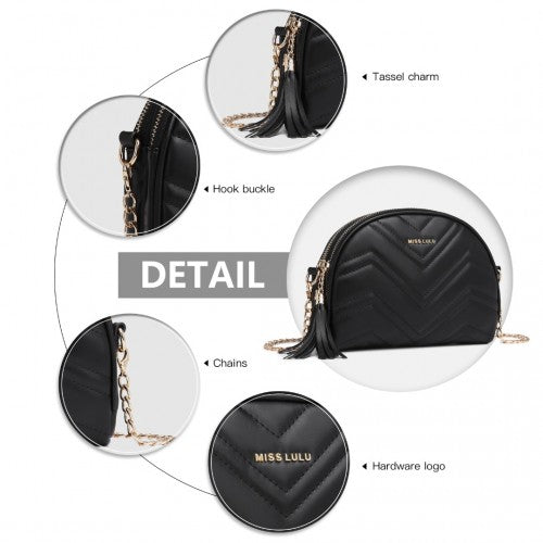 LB2236 Miss Lulu Trendy Tassel Crossbody Bag Black PU Leather Dome Shaped With Gold Hardware | Neil's Luggage Store