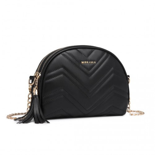LB2236 Miss Lulu Trendy Tassel Crossbody Bag Black PU Leather Dome Shaped With Gold Hardware | Neil's Luggage Store