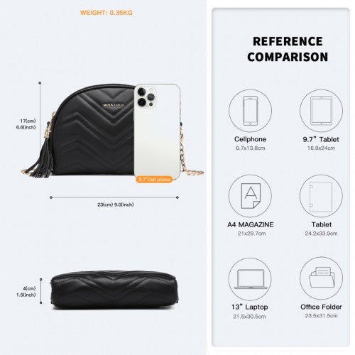 LB2236 Miss Lulu Trendy Tassel Crossbody Bag Black PU Leather Dome Shaped With Gold Hardware | Neil's Luggage Store