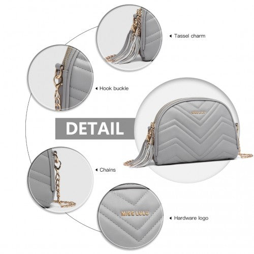 Miss Lulu Trendy Tassel Crossbody Bag Grey PU Leather Dome Silhouette With Smooth Interior Lining | Neil's Luggage Store