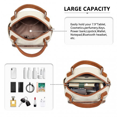 LB6907 - Miss Lulu Bowler Style Shoulder Bag - Beige And Brown | Neil's Luggage Store