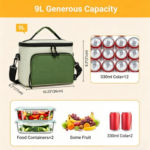 LBK2534 - Kono Insulated Lunch Bag-Water-Resistant 4-Layer Food Container, Leak-Proof, Portable with Adjustable Strap - Beige and Green | Neil's Luggage Store
