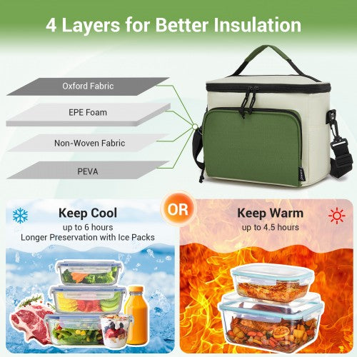 LBK2534 - Kono Insulated Lunch Bag-Water-Resistant 4-Layer Food Container, Leak-Proof, Portable with Adjustable Strap - Beige and Green | Neil's Luggage Store