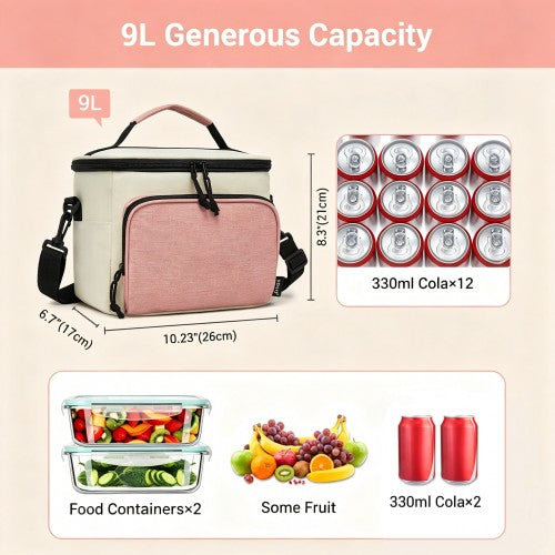 LBK2534 - Kono Insulated Lunch Bag-Water-Resistant 4-Layer Food Container, Leak-Proof, Portable with Adjustable Strap - Beige and Pink | Neil's Luggage Store