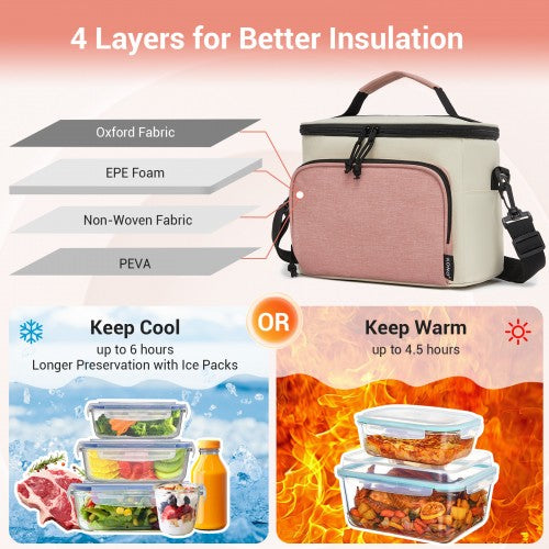 LBK2534 - Kono Insulated Lunch Bag-Water-Resistant 4-Layer Food Container, Leak-Proof, Portable with Adjustable Strap - Beige and Pink | Neil's Luggage Store
