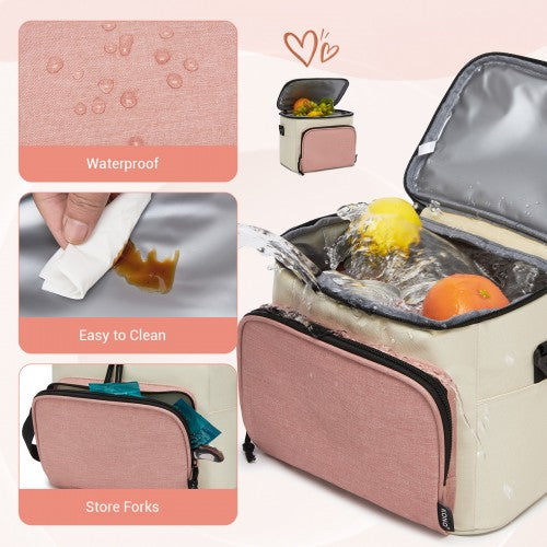 LBK2534 - Kono Insulated Lunch Bag-Water-Resistant 4-Layer Food Container, Leak-Proof, Portable with Adjustable Strap - Beige and Pink | Neil's Luggage Store