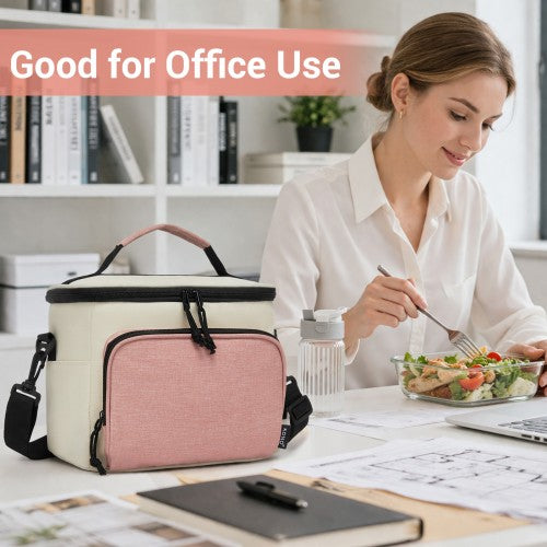 LBK2534 - Kono Insulated Lunch Bag-Water-Resistant 4-Layer Food Container, Leak-Proof, Portable with Adjustable Strap - Beige and Pink | Neil's Luggage Store