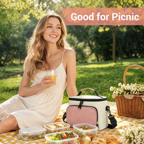 LBK2534 - Kono Insulated Lunch Bag-Water-Resistant 4-Layer Food Container, Leak-Proof, Portable with Adjustable Strap - Beige and Pink | Neil's Luggage Store