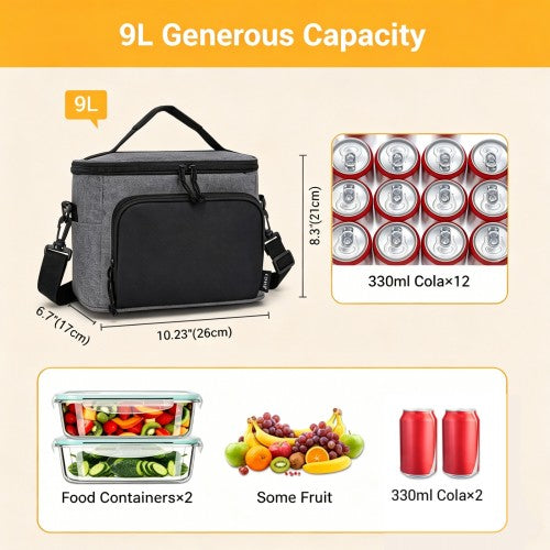 LBK2534 - Kono Insulated Lunch Bag-Water-Resistant 4-Layer Food Container, Leak-Proof, Portable with Adjustable Strap - Grey and Black | Neil's Luggage Store