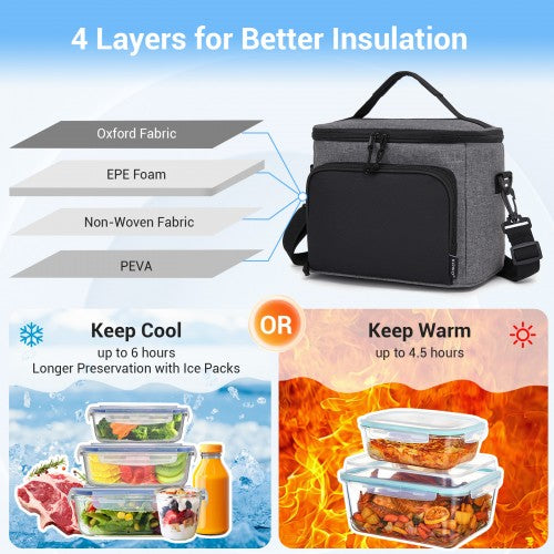 LBK2534 - Kono Insulated Lunch Bag-Water-Resistant 4-Layer Food Container, Leak-Proof, Portable with Adjustable Strap - Grey and Black | Neil's Luggage Store