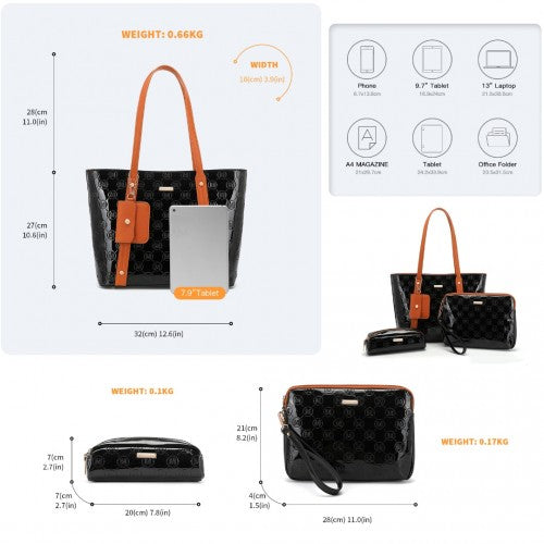 LD2217 - Miss Lulu 4 Pieces Glossy Leather Tote Bag Set - Black And Brown | Neil's Luggage Store