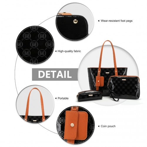 LD2217 - Miss Lulu 4 Pieces Glossy Leather Tote Bag Set - Black And Brown | Neil's Luggage Store
