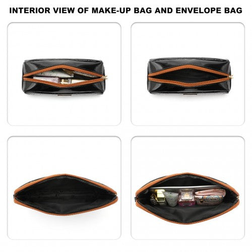 LD2217 - Miss Lulu 4 Pieces Glossy Leather Tote Bag Set - Black And Brown | Neil's Luggage Store