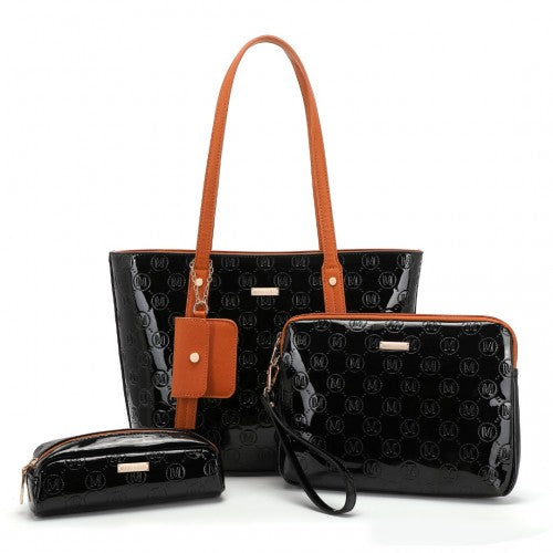 LD2217 - Miss Lulu 4 Pieces Glossy Leather Tote Bag Set - Black And Brown | Neil's Luggage Store