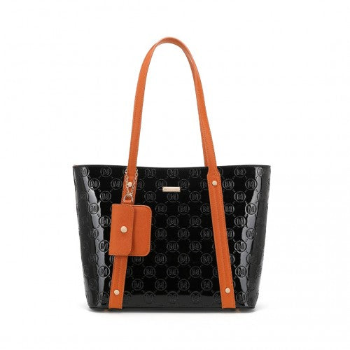LD2217 - Miss Lulu 4 Pieces Glossy Leather Tote Bag Set - Black And Brown | Neil's Luggage Store