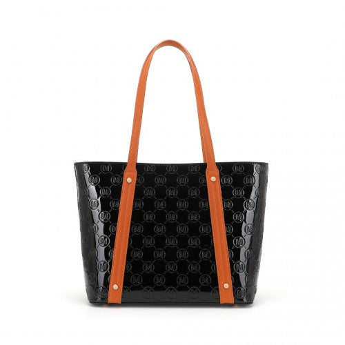 LD2217 - Miss Lulu 4 Pieces Glossy Leather Tote Bag Set - Black And Brown | Neil's Luggage Store