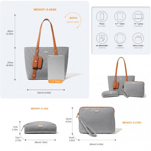 LD2217 - Miss Lulu 4 Pieces Glossy Leather Tote Bag Set - Grey And Brown | Neil's Luggage Store
