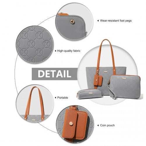 LD2217 - Miss Lulu 4 Pieces Glossy Leather Tote Bag Set - Grey And Brown | Neil's Luggage Store