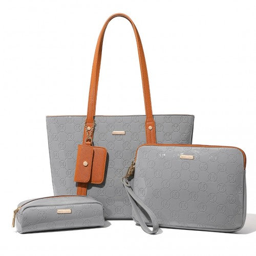 LD2217 - Miss Lulu 4 Pieces Glossy Leather Tote Bag Set - Grey And Brown | Neil's Luggage Store