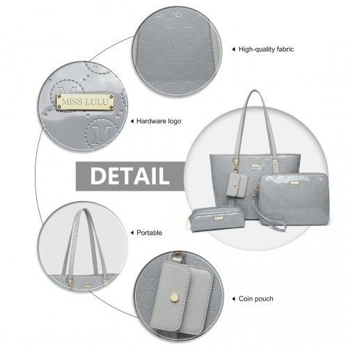 LD2217 - Miss Lulu 4 Pieces Glossy Leather Tote Bag Set - Grey | Neil's Luggage Store