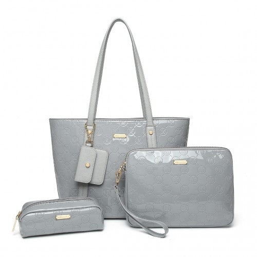 LD2217 - Miss Lulu 4 Pieces Glossy Leather Tote Bag Set - Grey | Neil's Luggage Store