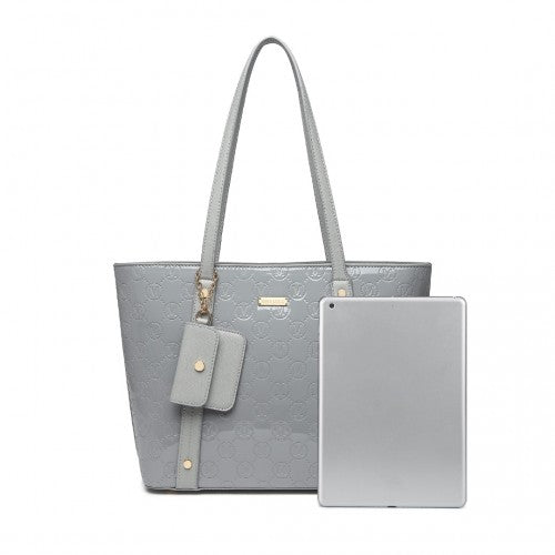 LD2217 - Miss Lulu 4 Pieces Glossy Leather Tote Bag Set - Grey | Neil's Luggage Store