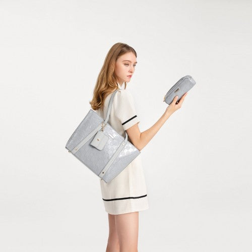 LD2217 - Miss Lulu 4 Pieces Glossy Leather Tote Bag Set - Grey | Neil's Luggage Store