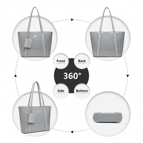LD2217 - Miss Lulu 4 Pieces Glossy Leather Tote Bag Set - Grey | Neil's Luggage Store
