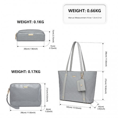 LD2217 - Miss Lulu 4 Pieces Glossy Leather Tote Bag Set - Grey | Neil's Luggage Store
