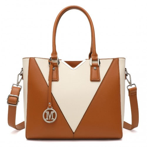 LG1641 - Miss Lulu Leather Look V-Shape Shoulder Handbag - Brown And Beige | Neil's Luggage Store