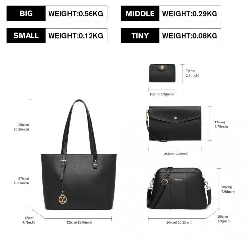 LG2110 - Miss Lulu 4 Piece Classic Sleek Handbag Set - Black | Neil's Luggage Store