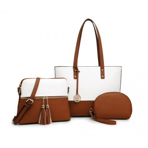 LG2023 - Miss Lulu Elegant 3-Piece Leather Look Tote Bag Set - Versatile & Chic for Every Occasion - Beige And Brown | Neil's Luggage Store