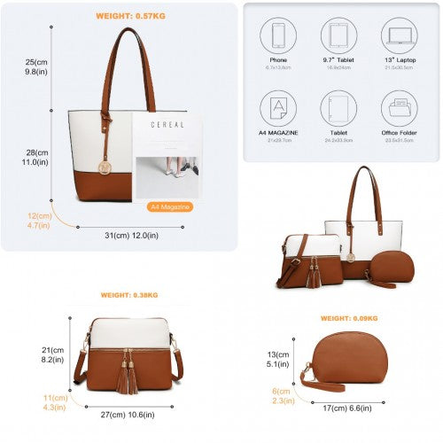 LG2023 - Miss Lulu Elegant 3-Piece Leather Look Tote Bag Set - Versatile & Chic for Every Occasion - Beige And Brown | Neil's Luggage Store