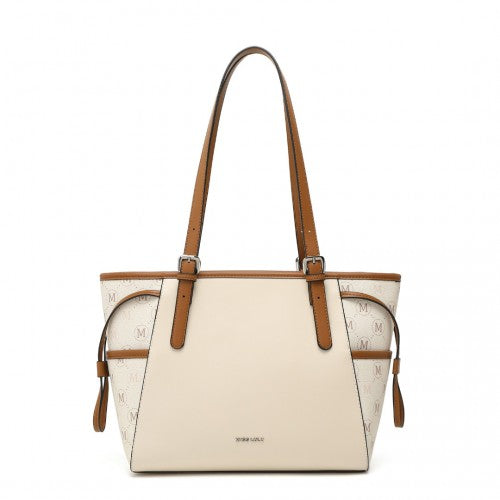LG2322 - Miss Lulu Elegant Tote Bag With Monogram Pattern - Beige And Brown | Neil's Luggage Store