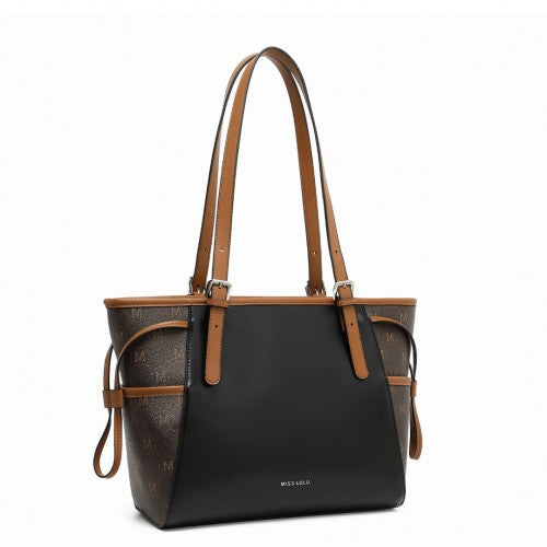 LG2322 - Miss Lulu Elegant Tote Bag With Monogram Pattern - Black And Brown | Neil's Luggage Store