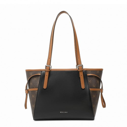 LG2322 - Miss Lulu Elegant Tote Bag With Monogram Pattern - Black And Brown | Neil's Luggage Store