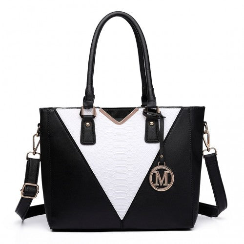 LG6632 - Miss Lulu Leather Look V-Shape Multicolour Tote Bag - Black - Neils Luggage Store