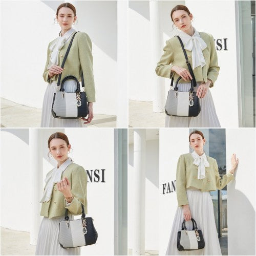 LG6866 - Miss Lulu Leather Look Colour Block Bow Pendant Handbag - Black | Neil's Luggage Store